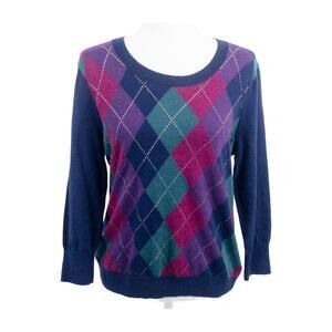 Talbots Petites MP Argyle Lambswool Blend Sweater Navy Purple Teal Preppy